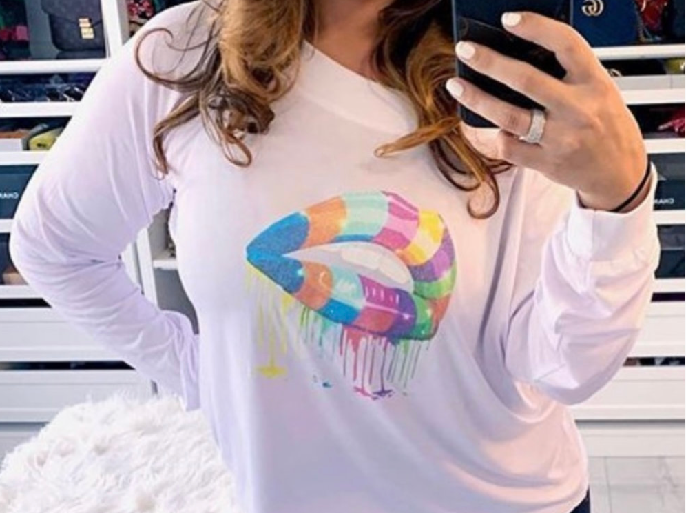 Multi Color Glitter Lips White Slouchy Pullover