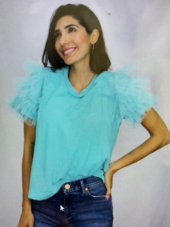 Aqua Baby Waffle Tee with Tulle Ruffle Sleeve